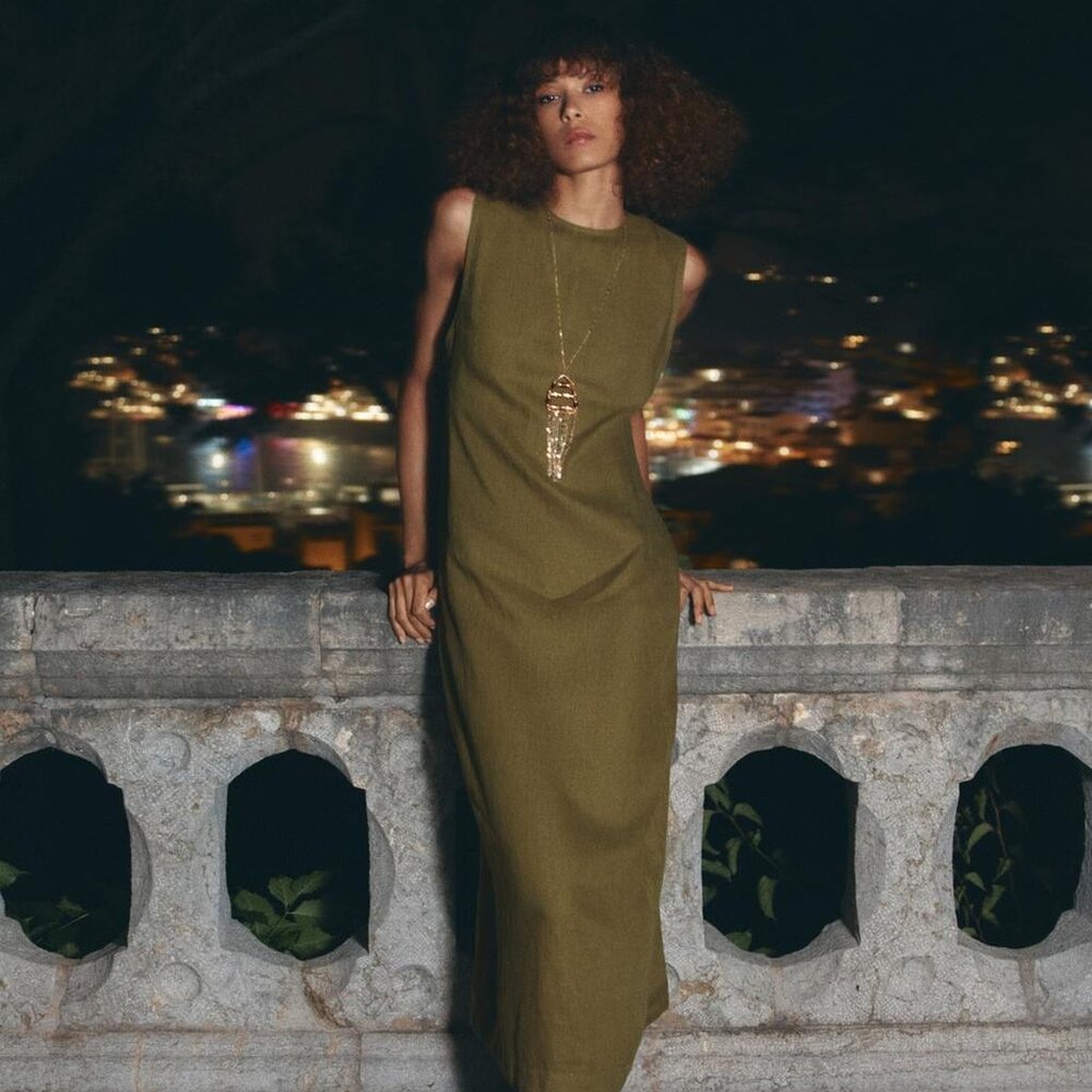 ZARA ZW Collection 100% Linen Olive Green Midi Dress Sleeveless Size Small NWT